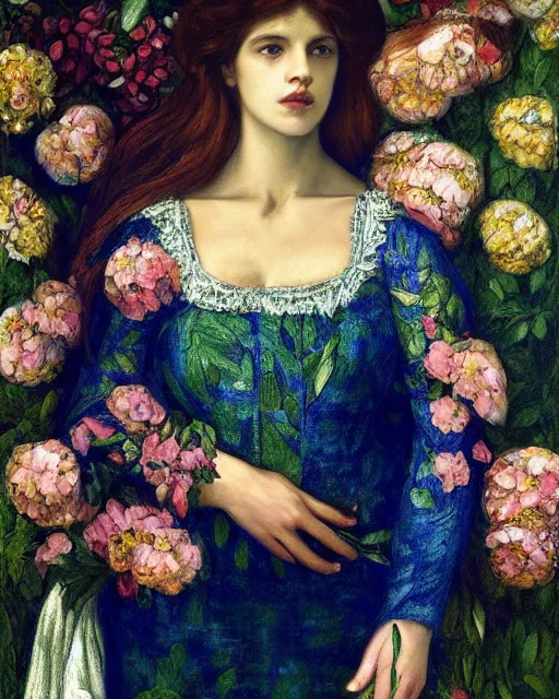 Prompt: masterpiece the queen of flowers by Dante Gabriel Rossetti, Aykut Aydogdu, Oil on canvas, highly detailed