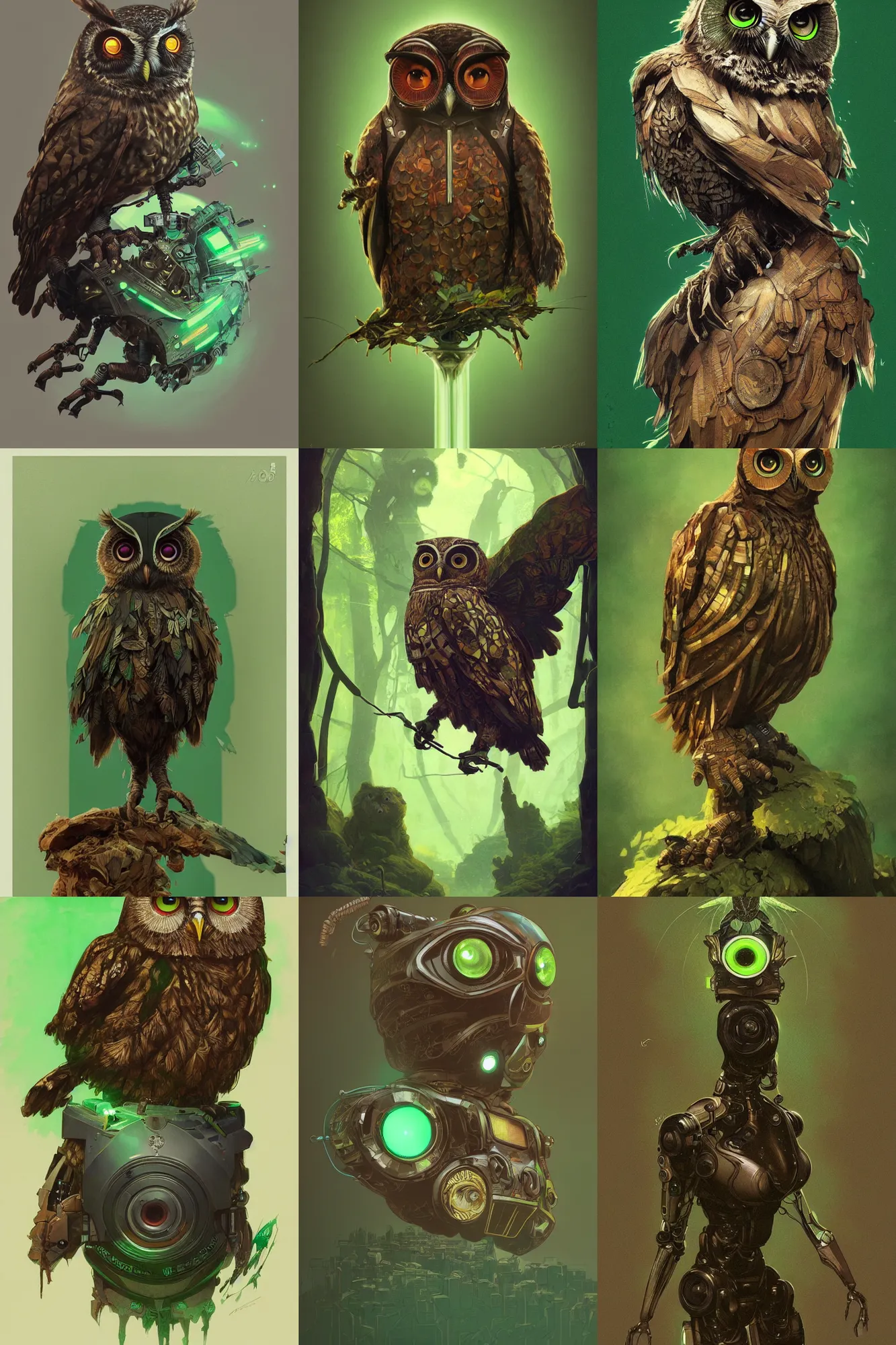 Prompt: ultra realistic illustration, robot brown owl against a simple green back for chroma key by artgerm and greg rutkowski and alphonse mucha, constant green background, trending on artstation