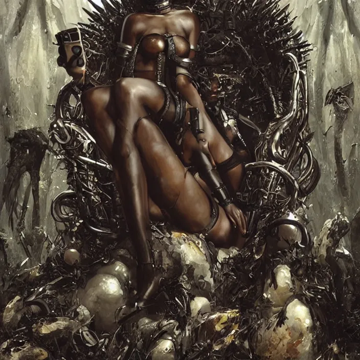 Prompt: postapocalyptic african domme mistress in her throne, futuristic, ebony skin, rubber and latex, spikes, smooth white surroundings, smooth, concept art, realistic painting, digital art by greg rutkowski, by junji ito