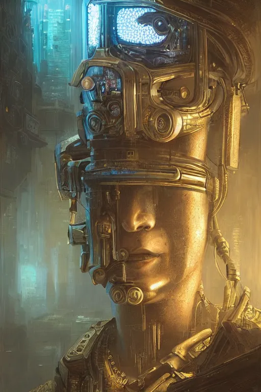 Image similar to A cyberpunk very highly detailed robot with very highly detailed face in the Tavern in a very highly detailed cyberpunk middle age sci-fi style, digital rational painting art by Greg Rutkowski, sci-fi highly detailed, digital concept art, Dimensional cyan gold natural light, sharp focus, Golden Ratio illustration, realistic concept art by Stephen Hickman and James Gurney and Hiromasa Ogura Ghost in the Shell rendered in Octane Render, From the distance