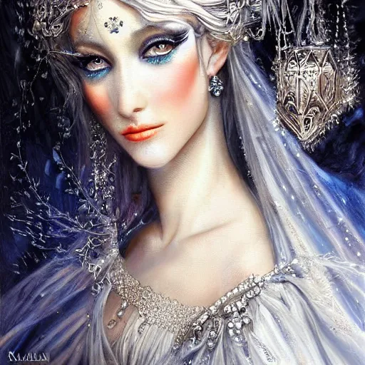 Image similar to a beautiful woman wearing a white dress made of silver with jewelry and diamonds by karol bak, ayami kojima, sakimichan, arabian beauty, blue eyes, smile, concept art, fantasy