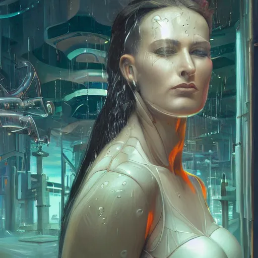 Prompt: detailed face of a biomechanical woman, moment, cyberpunk cloisters, electronic billboards, tech noir, wet reflections, prism, atmospheric, ambient, pj crook, syd mead, livia prima, greg rutkowski, edward hopper