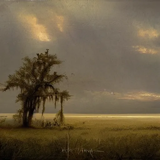 Image similar to 1 9 e century southern gothic scene, old white wooden church in bayou swamps, in louisiana, old painting style lagerstedt, mikko