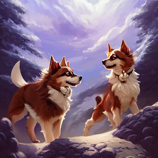 Prompt: two finnish lapphunds, one brown tan domino one black white markings, pointy ears, fanart ornate fantasy world of warcraft cover style official behance hd artstation by jesper ejsing, by rhads, makoto shinkai and lois van baarle, ilya kuvshinov, rossdraws pastel vibrant