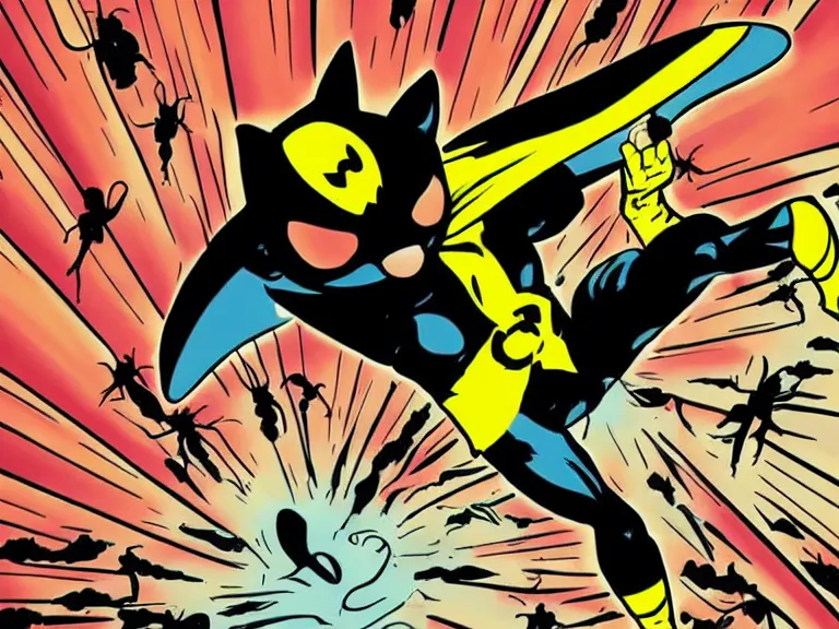 Image similar to a superhero cat fighting a wasp in a comic book style