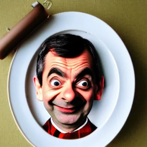 Image similar to photo of mr. bean made out of baked beans