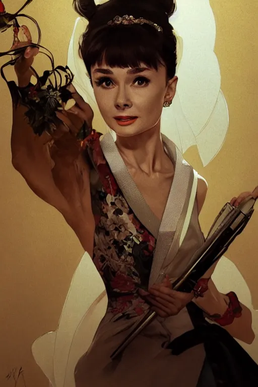 Image similar to audrey hepburn in a scene from yakuza, artstation, concept art, smooth, sharp focus, illustration, art by and greg rutkowski and alphonse mucha