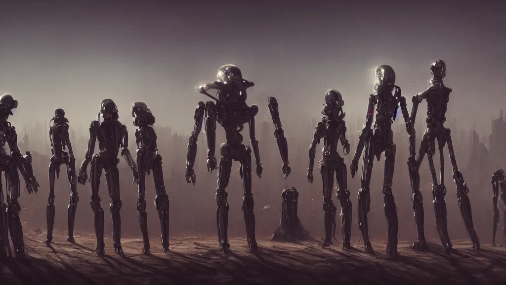 Prompt: a group of robot cultists gathering in the desert, robot occult, beautiful fantasy cyberpunk painting, dark foreboding magical atmosphere, cinematic lighting, hyperdetailed 3D matte painting, 8k ultraHD octane render, masterpiece