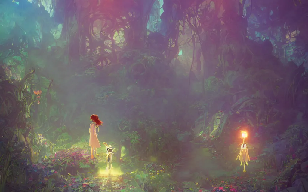 Image similar to a dreamy otherworldly 3 d render of anthropomorphic cyborg rodent on pathway to castle, studio ghibli, pixar and disney exploded - view drawing, sharp, disney octane render splatter paint vray by shinji kimura and alphonse mucha and alena aenami, maximalist pastel color palette, ( ( bloom ) ), dramatic lighting