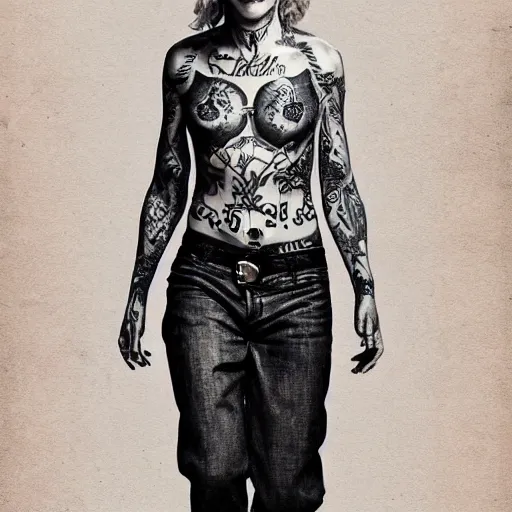 Image similar to full body tattooed cate blanchett, highly detailed, photorealistic, 4k