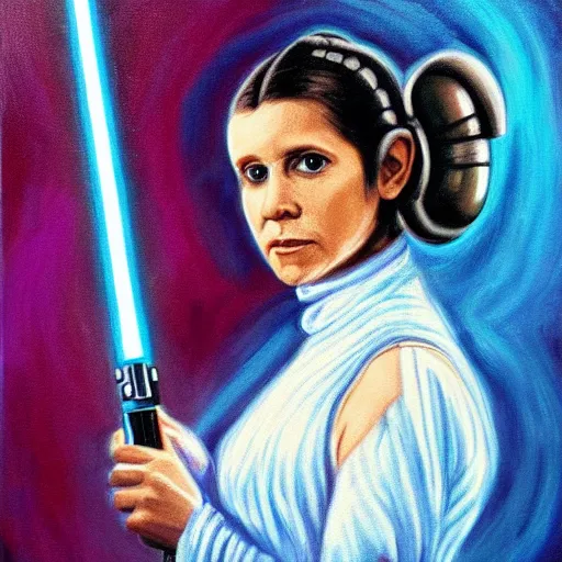 Image similar to painting of Princess Leia holding a blue lightsaber