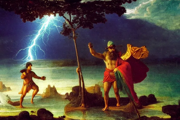 Image similar to Close-up of The Fool leaving the palace, refracted sparkles, thunderstorm, beach and Tropical vegetation on the background major arcana sky and symbols, by paul delaroche, hyperrealistic 4k uhd, award-winning, very detailed paradise