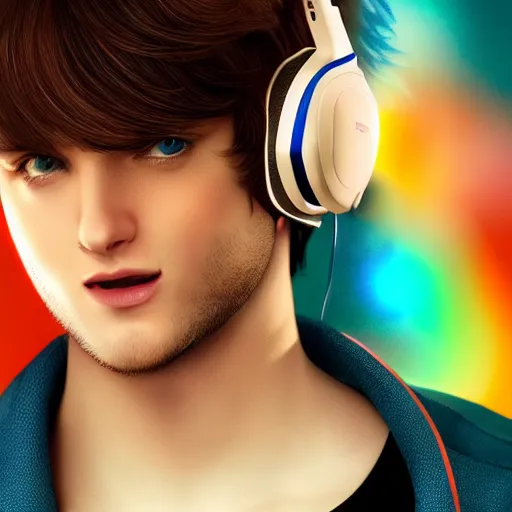 Image similar to the handsome young lead singer of a boyband with sandy brown hair and blue eyes wearing a neon blue microphone headset posing on stage. concert. cinematic lighting. medium shot photorealistic. hyper realism. ray tracing hdr. intricate detailed masterpiece. by bouguereau and shigenori soejima. lifelike.