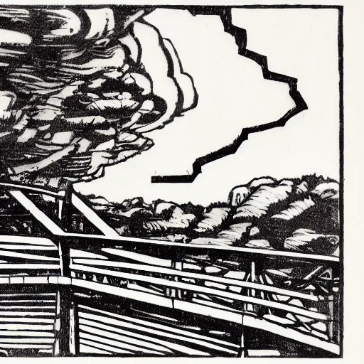 Image similar to steel suspension bridge built in 1 9 2 8, side view, puffy clouds in background, woodcut style, 8 k