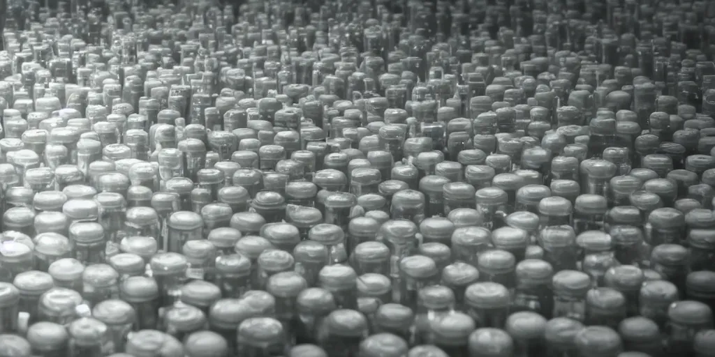 Image similar to a film still of pharmaceuticals piling up in a vault, shallow depth of field, cinematic, award winning cgi, vfx, film still