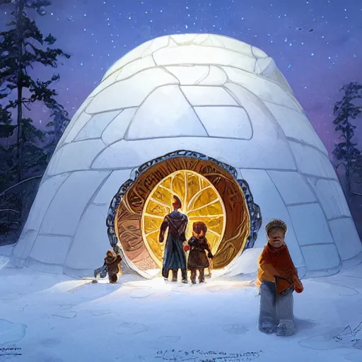 Prompt: Eskimo family in front of their igloo, intricate, elegant, highly detailed, digital painting, artstation, concept art, smooth, sharp, focus, illustration, art by artgerm and greg rutkowski and alphonse mucha