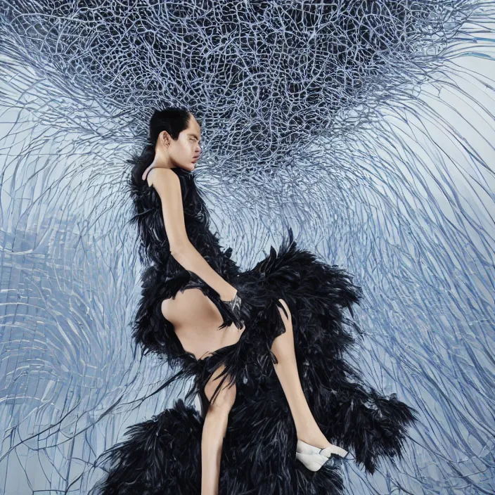 Image similar to metallic neoprene woman, feathered, shenzhen background, nylon fashion, by annie leibovitz, by greg rutkowski, by santiago calatrava