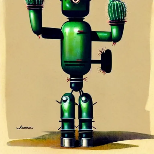 Prompt: a full-body 1950s retro cactus robot, Bionic Arms and eyes. muted colours. by Jean-Baptiste Monge,