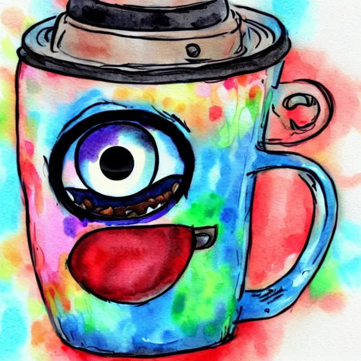 Image similar to cute coffee cup monster with googly eyes, pixar illustration, watercolor splash, dreamworks