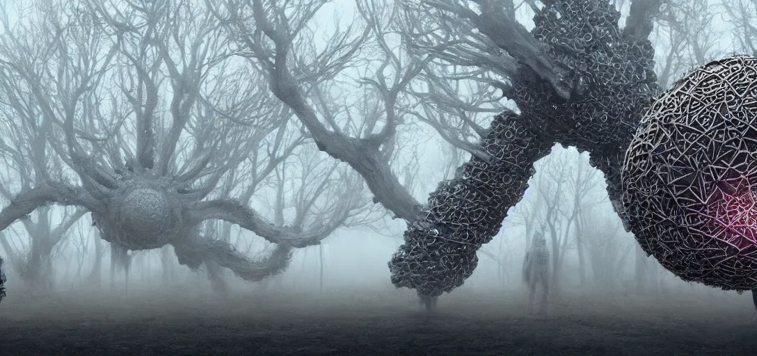 Image similar to a complex organic fractal 3 d metallic symbiotic ceramic humanoid megastructure creature in a suburban neighborhood, foggy, cinematic shot, photo still from movie by denis villeneuve, wayne barlowe