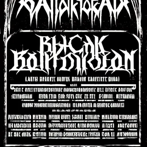 Prompt: black metal concert flyer, black metal logos, unreadable, poster, 3 band lineup