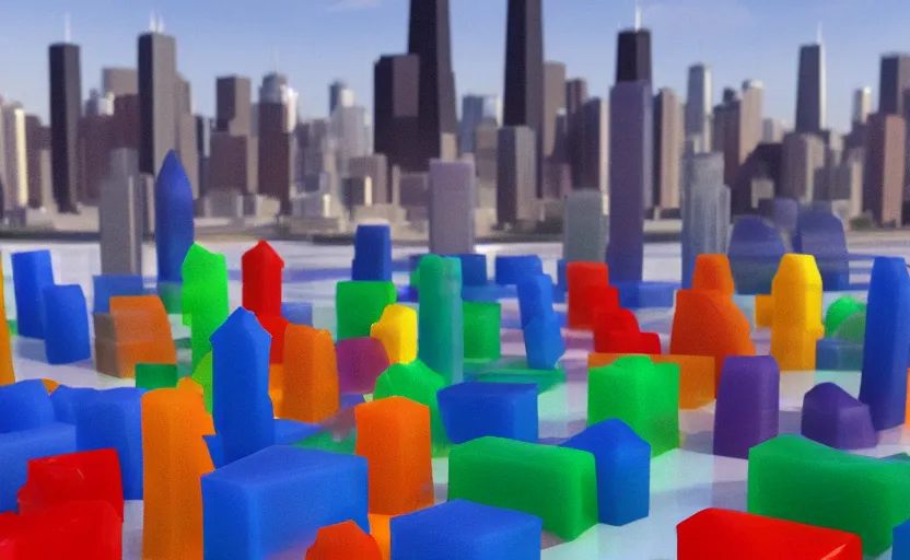 Image similar to blocks of colorful jello in the shape of the chicago skyline by anthony danielle and ray canlas jr, photorealistic, tilt shift, shallow depth of field, unreal engine render, octane render, 8 k