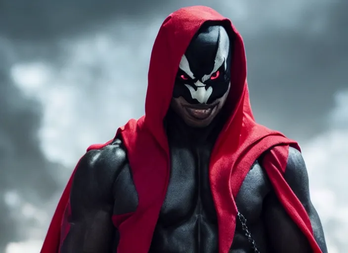 Image similar to film still of michael b jordan as spawn in the new spawn movie, giant chains, large cape, 8 k