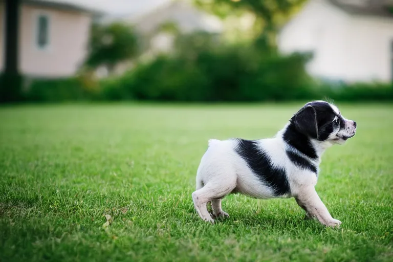 Prompt: out of focus photograph of a puppy in the front yard, cars can be seen traveling across the road, long exposure time, amateur photography, bad composition, bad color grading