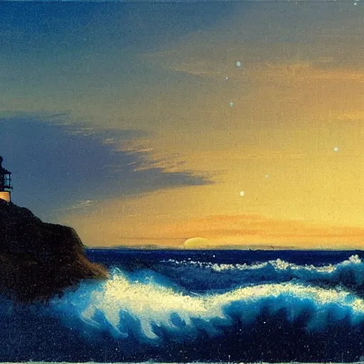 Image similar to midnight shores of the lighthouse island, bob Ross