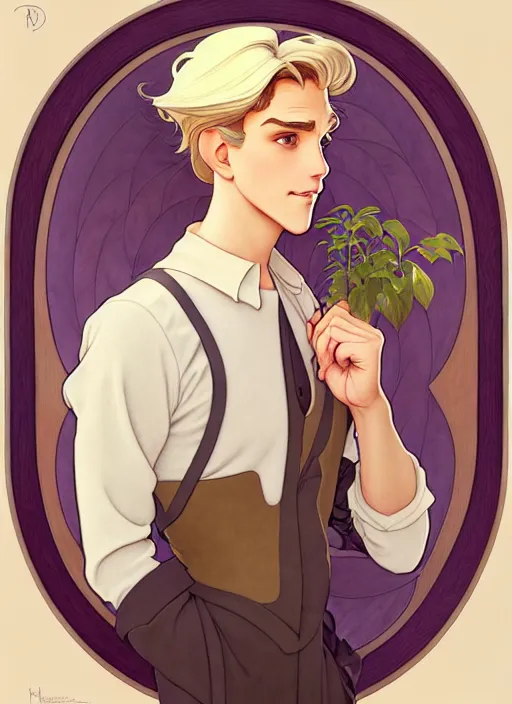 Image similar to art nouveau portrait of a young man with short, ash blond greyish hair, light brown eyes, natural lighting, path traced, highly detailed, high quality, cartoon, digital painting, by don bluth and ross tran and studio ghibli and alphonse mucha