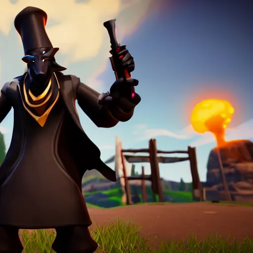 Image similar to an anthropomorphic black goat wizard in fortnite, black wizard robes, holding a gun, 3 d unreal engine render