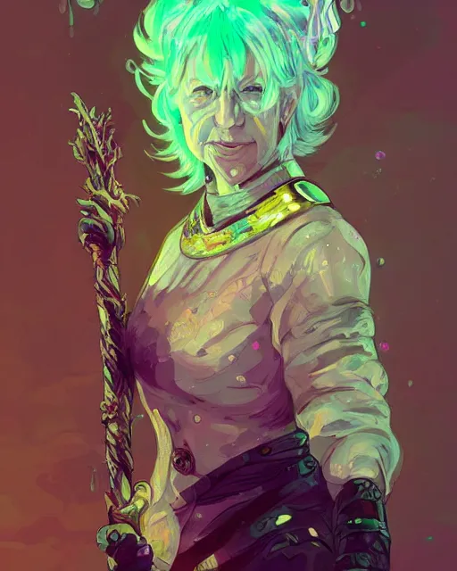 Image similar to a white-haired witch holding a gnarled staff, helen mirren, ancient wisdom, glowing iridescent accents, digital apex legends illustration portrait, gorgeous lighting, wide angle action dynamic portrait, art by Josan Gonzalez, bright colors, green and gold palette, high contrast