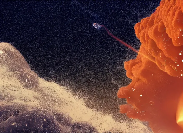 Image similar to a tsunami being hit by a meteorite. Rendered in octane. Scanline. Realflow. Houdini.