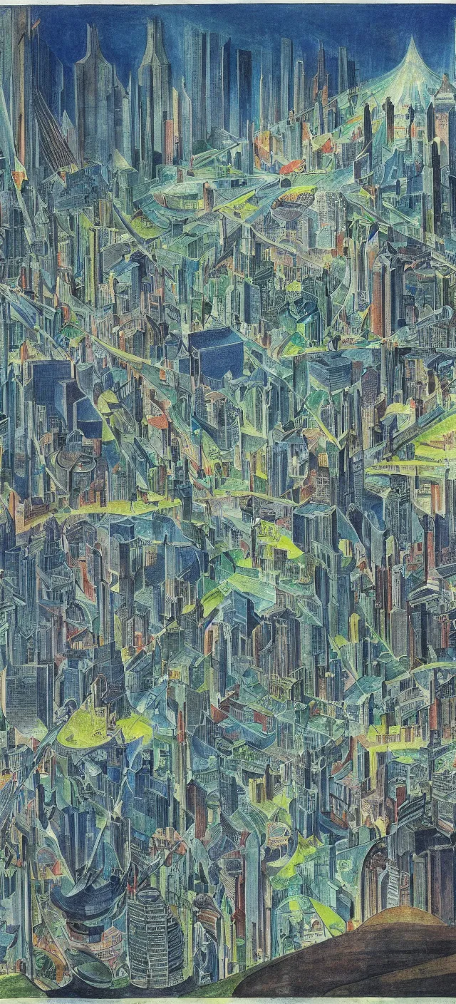 Prompt: a futuristic cityscape by william blake, colorful, wide greenways