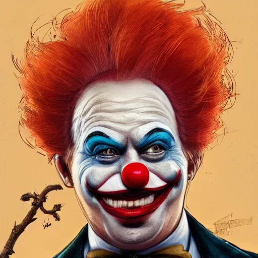 Prompt: retrò character portrait Painting of a clown trump, stupid clown trump clown trump mood, intricate, wild, highly detailed, digital painting, artstation, concept art, smooth, sharp focus, illustration, art by artgerm and greg rutkowski and alphonse mucha