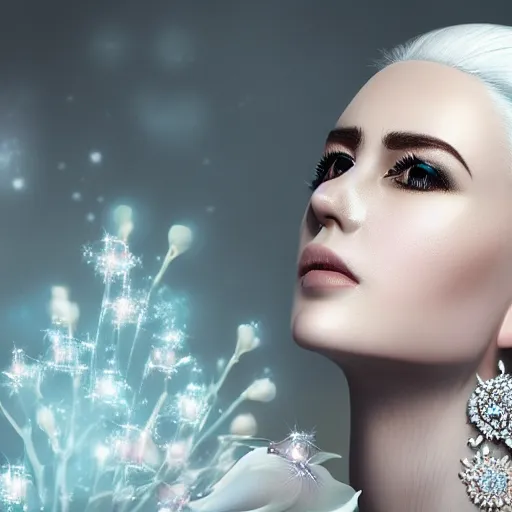 Image similar to portrait of wonderful princess of white diamonds with fair skin, white hair, white flowers, ornate with white diamonds, 8 k, gorgeous, intricate, detailed, glowing white accent lighting, dramatic lighting, octane render