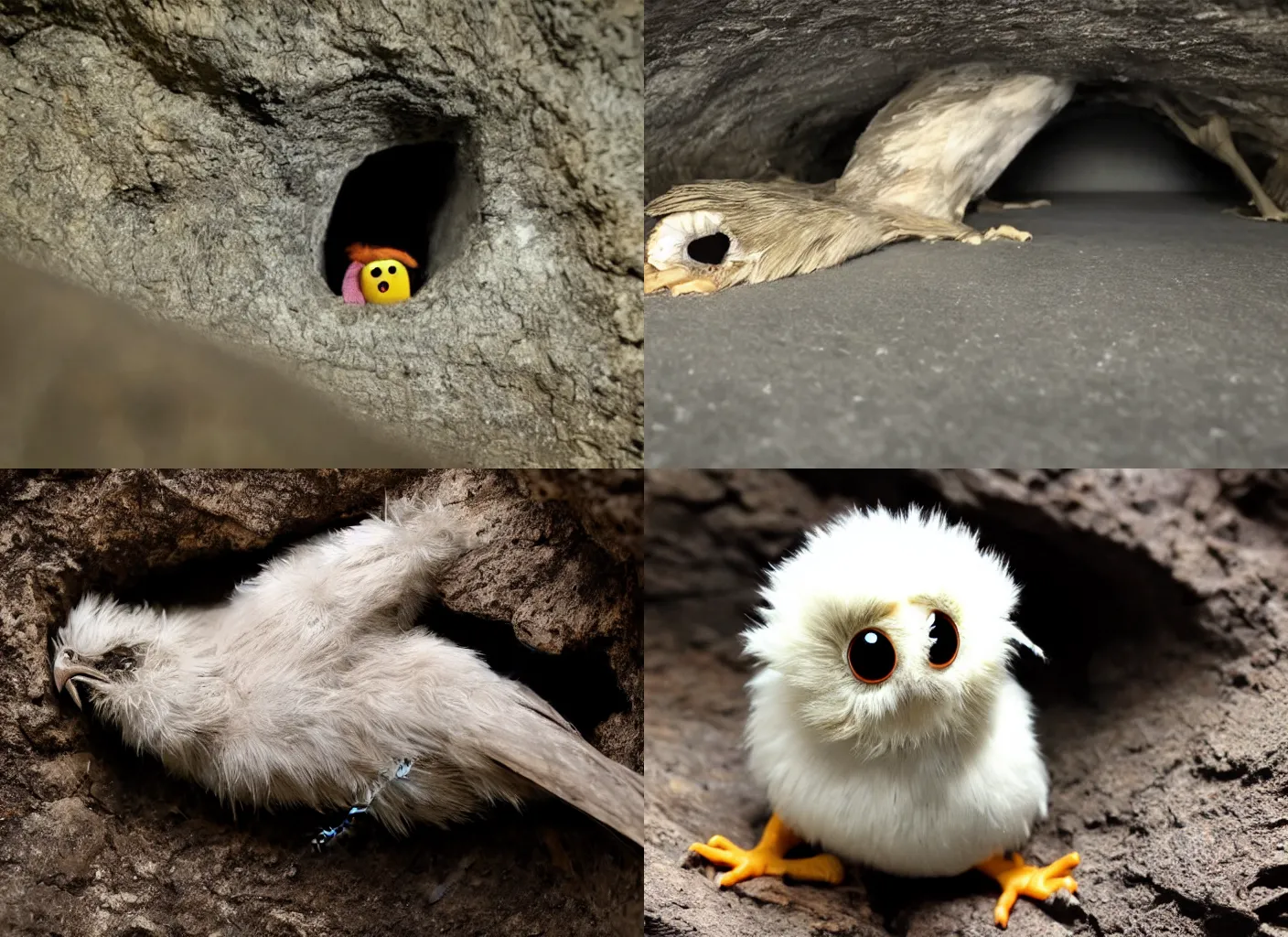 Prompt: small monster bird rolled up for sleep in a dark cave ,