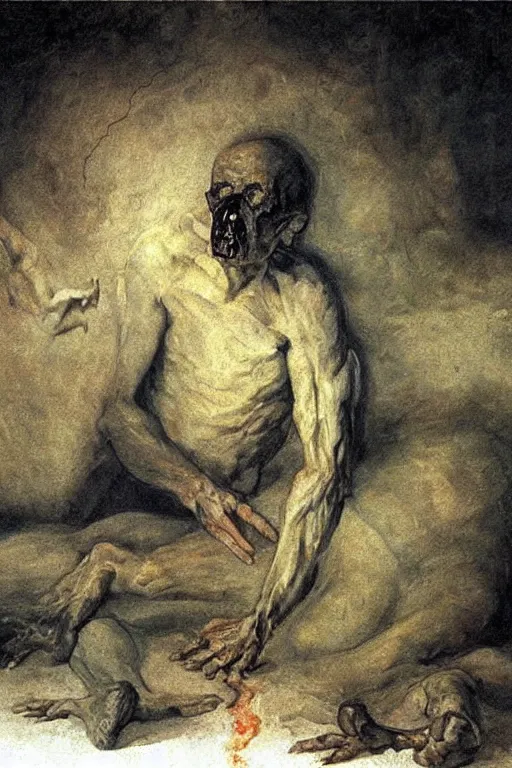 Prompt: the last human on earth, detailed baroque oil painting, dark, disturbing by goya and alan lee, smoke, hell on earth