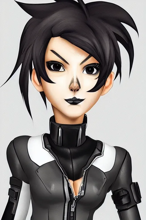 Image similar to “ digital drawing of tracer from overwatch in 3 d style, wearing black lipstick and black eyeliner, goth outfit, black hair, 4 k, detailed face, smirky expression ”