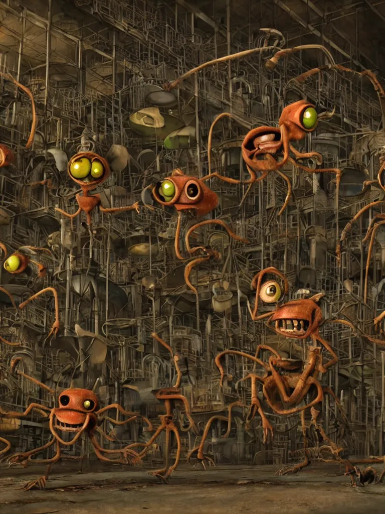 Prompt: A grungy, rusty industrial factory crammed with equipment and dimly lit with spotlights containing cute tim burton style bug-eyed smiling toothy grin monsters. highly detailed 3D rendered in pixar renderman