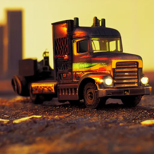 Prompt: 3 5 mm photo of steel terminator truck like hot wheels model with a post apocalyptic city as background, epic cinematic, epic lighting