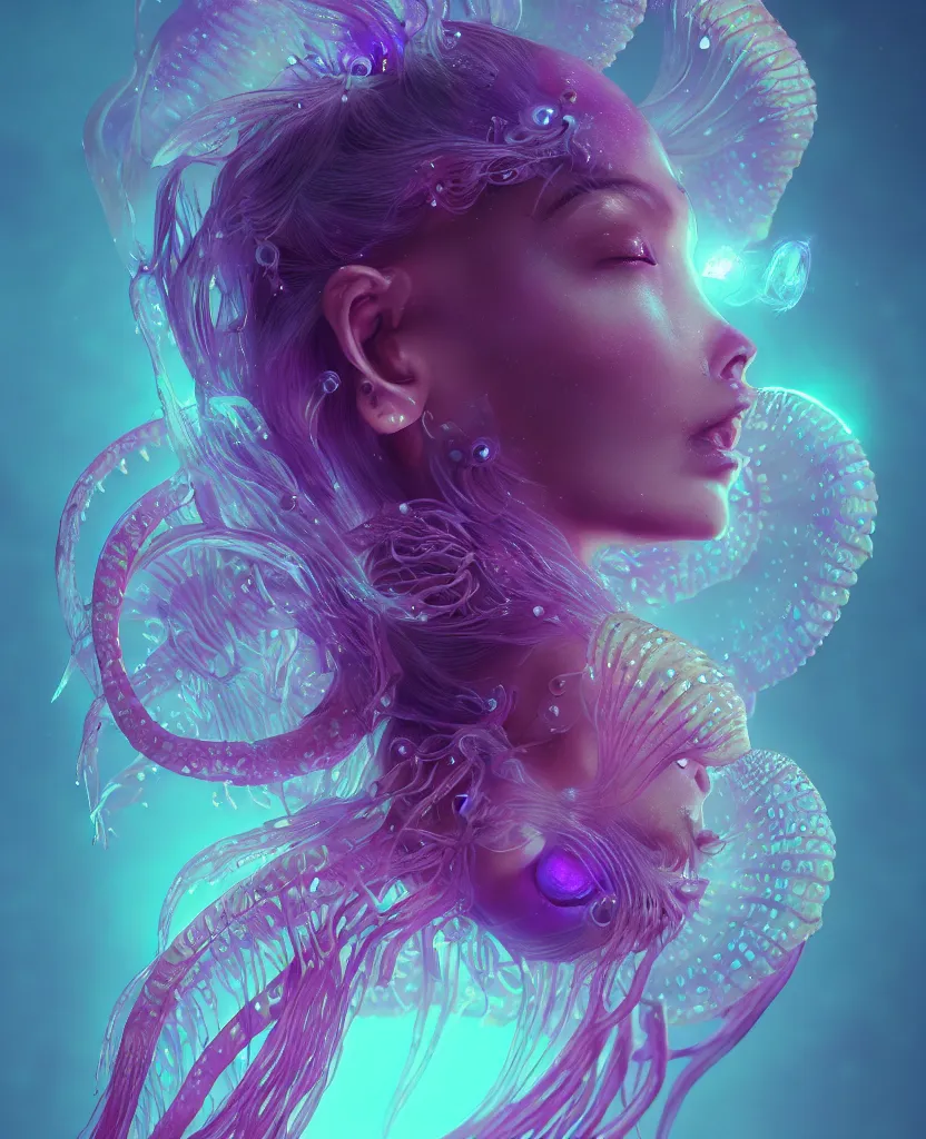 Image similar to goddess close-up portrait. orchid jellyfish phoenix head, nautilus, skull, betta fish, bioluminiscent creatures, intricate artwork by Tooth Wu and wlop and beeple. octane render, trending on artstation, greg rutkowski very coherent symmetrical artwork. cinematic, hyper realism, high detail, octane render, 8k