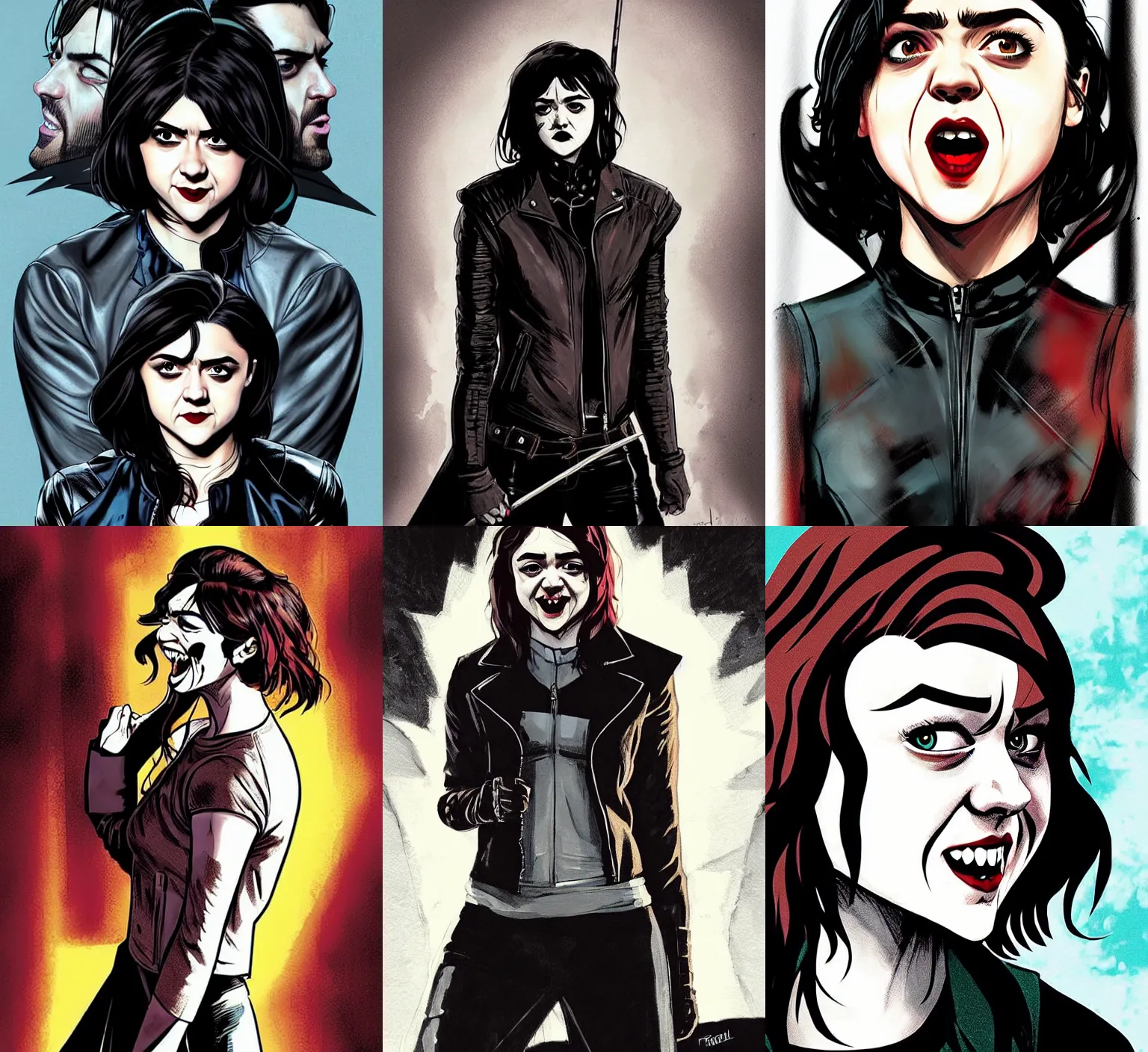 Image similar to Rafael Albuquerque comic art, beautiful female vampire Maisie Williams, mouth open smile sharp vampire teeth, leather jacket, symmetrical face, long hair, long sharp fingers claws, full body