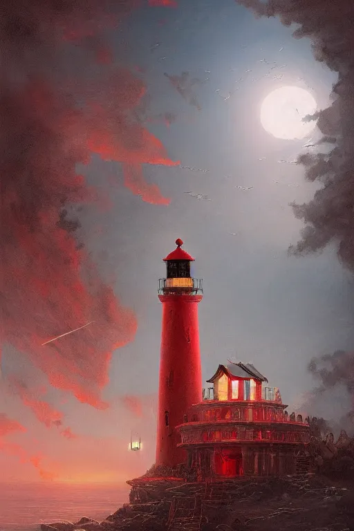 Prompt: Detailed Exterior Shot of Red Lantern Lighthouse of Alexandria, light of hell, moonlight shafts, flock of birds, epic atmosphere, in Style of Peter Mohrbacher, cinematic red lighting