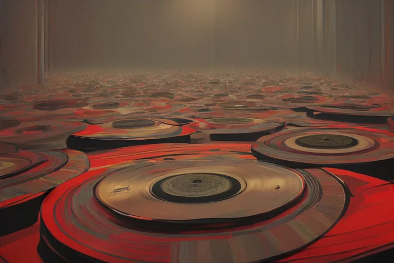 Image similar to an expressive painting of a floor of vinyl records, dark background, red rim light, digital art, artstation, concept art by giger stalenhag