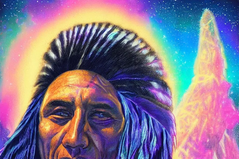 Image similar to digital art of a spiritual native american man looking up at the stars, acrylic art, universe, painting, pastel colors, synthwave, retro, cyberpunk,