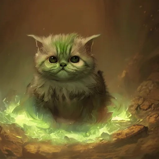 Prompt: scottish fold cat/yoda, magic the gathering artwork, D&D, fantasy, cinematic lighting, centered, symmetrical, highly detailed, digital painting, artstation, concept art, smooth, sharp focus, illustration, volumetric lighting, epic Composition, 8k, art by Akihiko Yoshida and Greg Rutkowski and Craig Mullins, oil painting, cgsociety