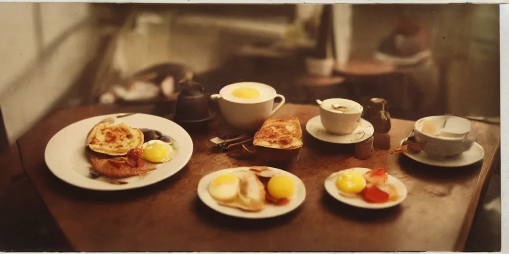 Prompt: a table with a delicious breakfast, morning light, old photo, polaroid