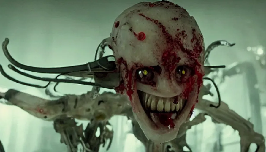 Image similar to Big budget horror movie, a squid bloodily rips off a cyborgs head