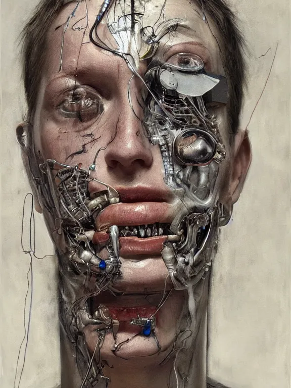 Image similar to cybernetic implants on face, metal jaw, usb port on forehead, portrait by jenny saville, pain, panic, sorrow, concern, mad